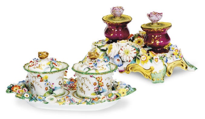 TWO ENGLISH FLOWER ENCRUSTED PORCELAIN INK STANDS,