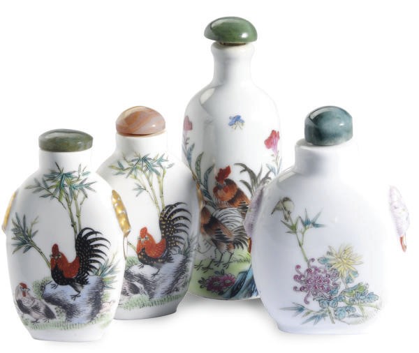 A GROUP OF THREE CHINESE PORCELAIN SNUFF BOTTLES ENAMELED WITH ROOSTERS AND A SIMILAR BOTTLE ENAMELED WITH CHRYSANTHEMUMS,
