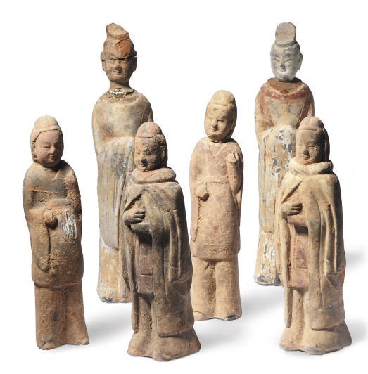 A GROUP OF SIX SMALL CHINESE POTTERY TOMB FIGURES,