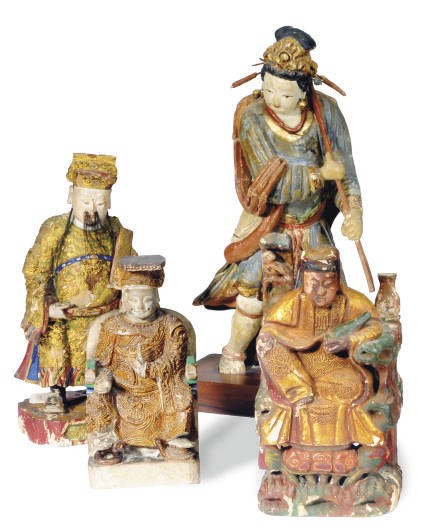 TWO CHINESE PAINTED CLAY FIGURES MOUNTED ON WOOD STANDS AND TWO CHINESE CARVED WOOD SHRINE FIGURES,