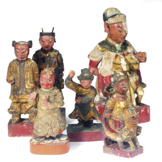 SIX CHINESE CARVED AND POLYCHROMED WOOD SHRINE FIGURES,