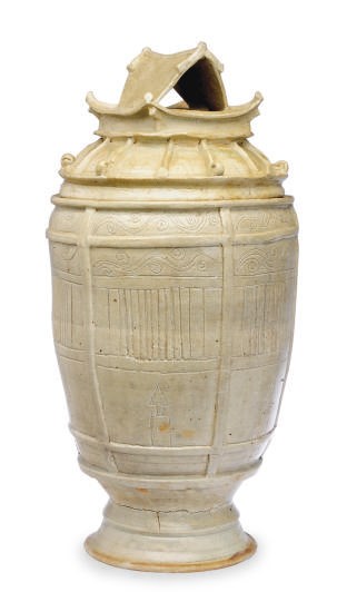 A CHINESE EARTHENWARE FUNERARY URN AND COVER,