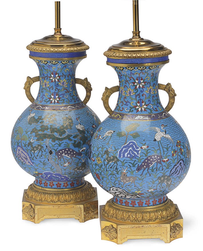 A PAIR OF GILT-METAL MOUNTED CHINESE CLOISONNE JARS MOUNTED AS LAMPS,