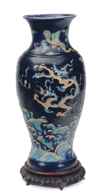 A CHINESE PORCELAIN BLUE-GROUND VASE DECORATED WITH DRAGONS AND PHOENIX,