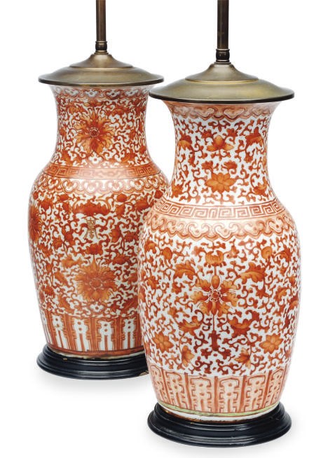 A PAIR OF CHINESE PORCELAIN IRON-RED DECORATED VASES MOUNTED AT LAMPS,