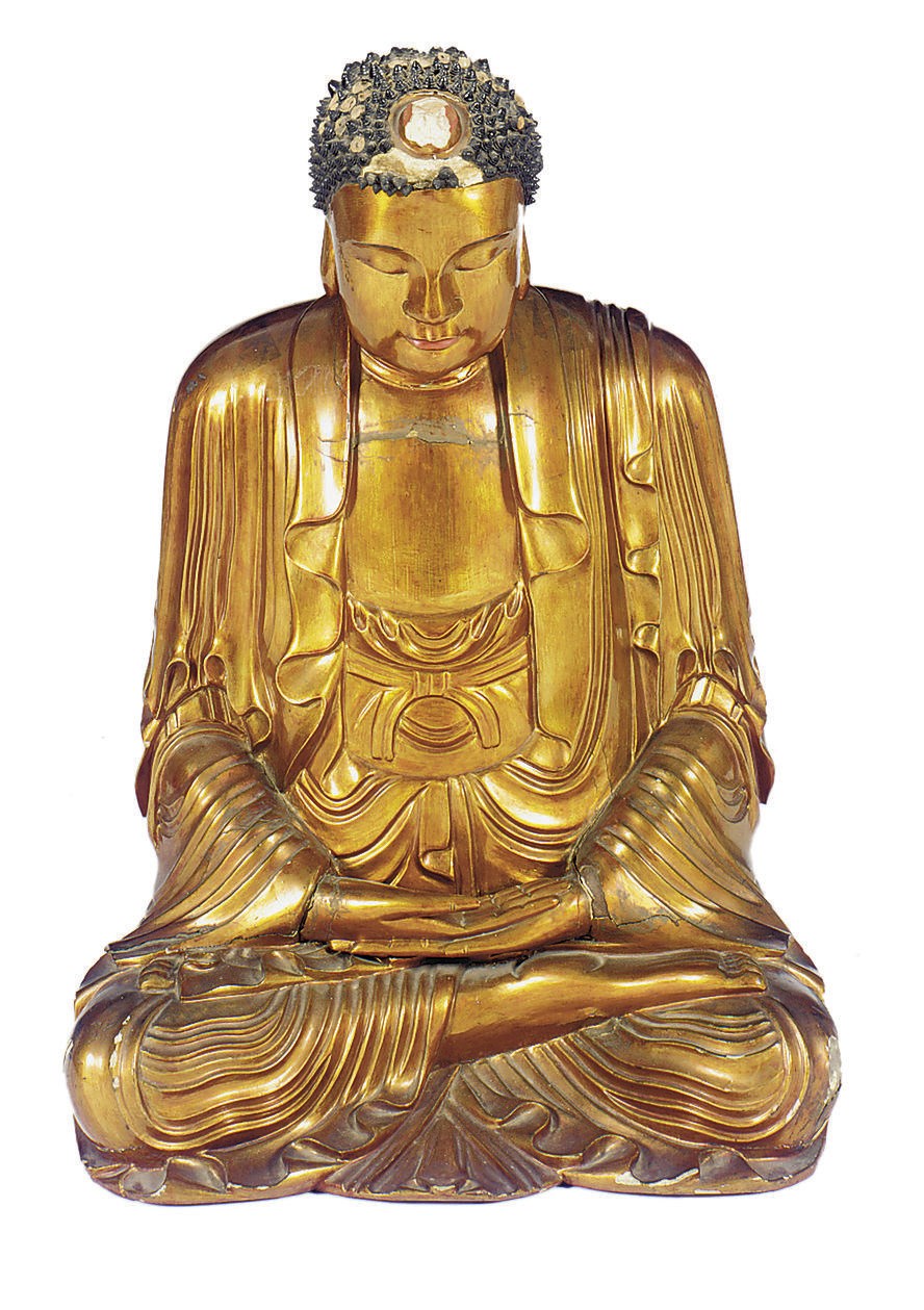 A CHINESE GILT AND LACQUERED WOOD FIGURE OF A BUDDHA,