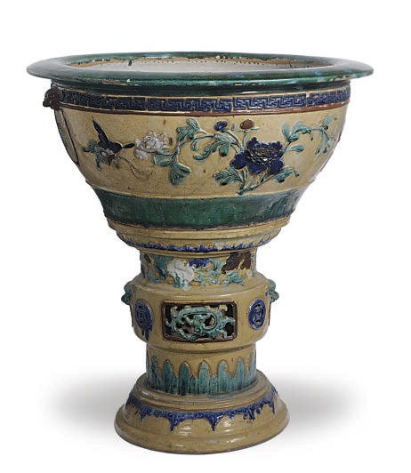 A CHINESE GLAZED EARTHENWARE BASIN AND THREE STANDS,
