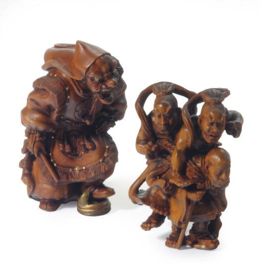 TWO JAPANESE WOOD FIGURE GROUPS,