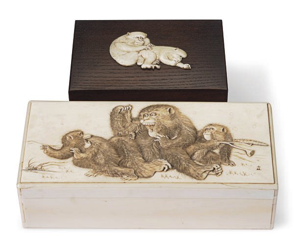 A JAPANESE IVORY BOX AND COVER AND AN IVORY-MOUNTED WOOD INCENSE BOX AND COVER,**