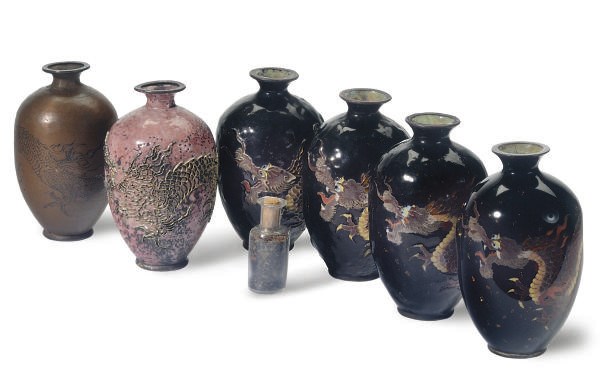 A SET OF SIX JAPANESE CLOISONNE VASES DEMONSTRATING THE CLOISONNE TECHNIQUE,