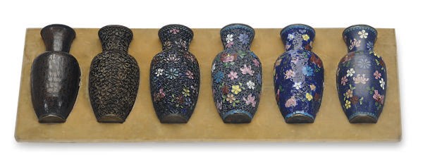 A SET OF SIX JAPANESE VASES DEMONSTRATING THE CLOISONNE TECHNIQUE,