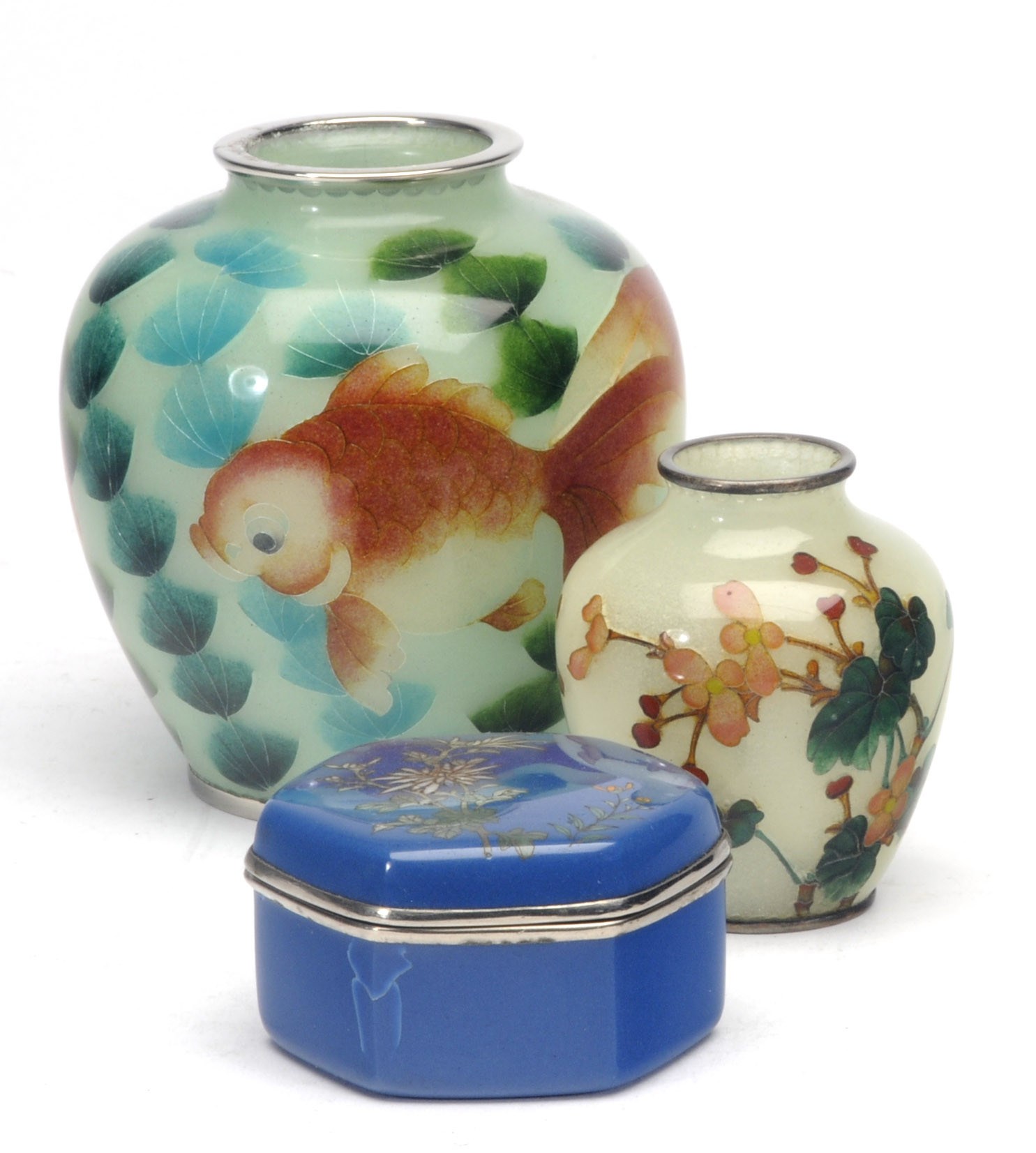 TWO JAPANESE PLIQUE-A-JOUR VASES AND A CLOISONNE BLUE GROUND HECTAGONAL BOX AND COVER,