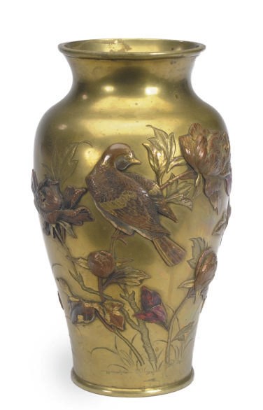 A BRONZE AND MIXED METAL VASE APPLIED WITH BIRDS AMONGST BRANCHES,
