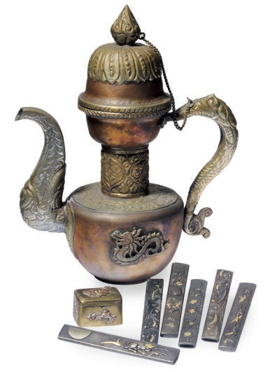 SIX JAPANESE MIXED-METAL INLAID KNIFE HANDLES, A TIBETAN COPPER EWER AND COVER, AND A SMALL COPPER AND METAL BOX WITH HINGED COVER,