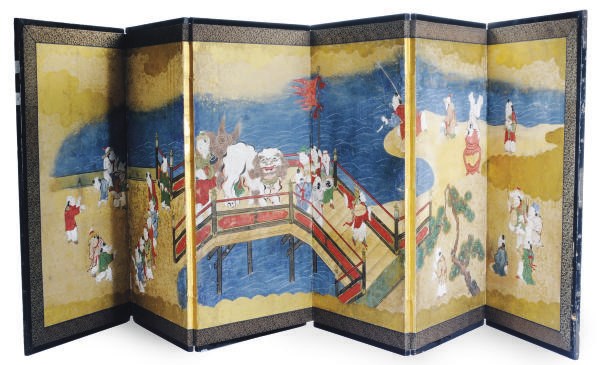 A SMALL JAPANESE SIX PANEL SCREEN OF 'KARAKO WITH SHISHI',