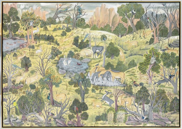 AN INDIAN PAINTING OF A FOREST LANDSCAPE,