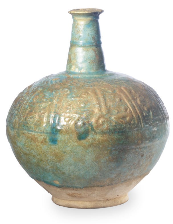 A NISHAPUR TURQUOISE-GLAZED POTTERY MOLDED GLOBULAR-FORM BOTTLE,