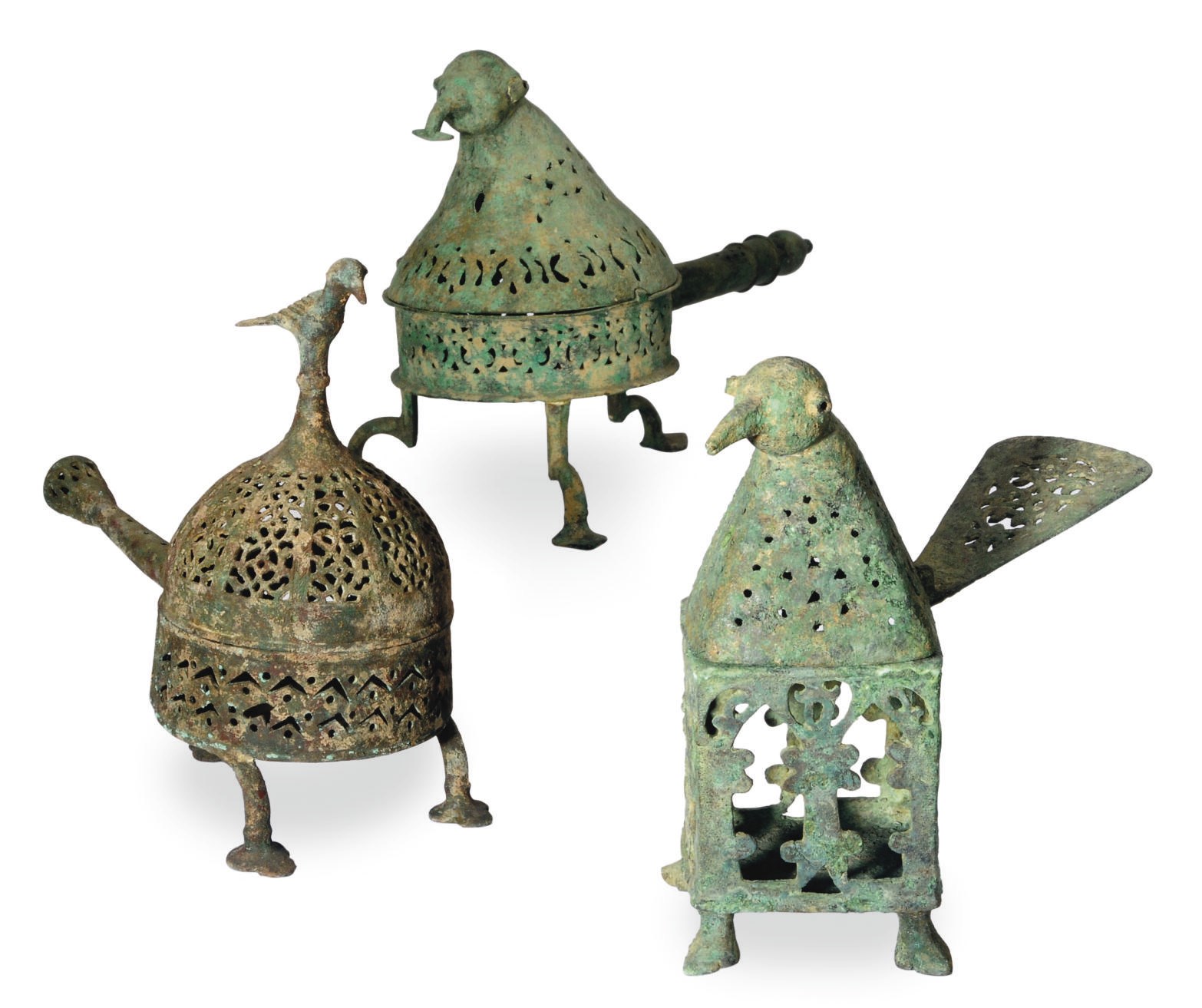 THREE KHORASSAN STYLE BRONZE BIRD-FORM CENSERS AND COVERS,