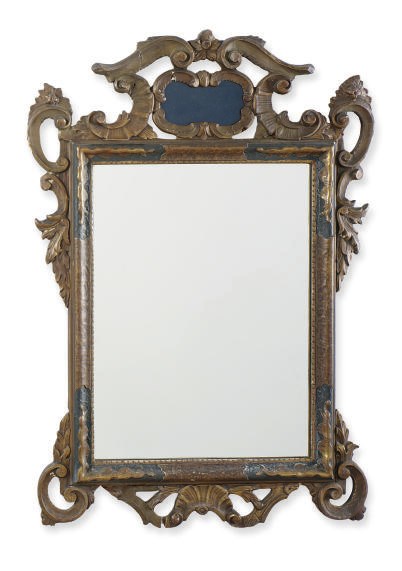 A GILT-GESSO AND GREEN-PAINTED WALL MIRROR,