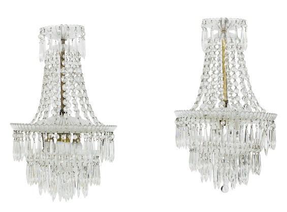 A PAIR OF CUT-GLASS CASCADE-FORM CHANDELIERS,
