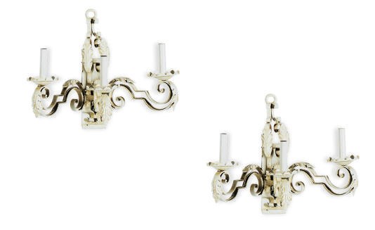 A PAIR OF CREAM-PAINTED THREE-BRANCH WALL-LIGHTS,