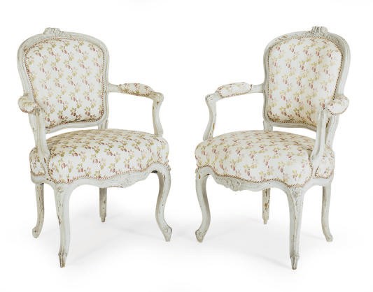 A PAIR OF LOUIS XV GREY-PAINTED FAUTEUILS,