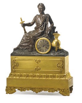 A FRENCH PATINATED AND GILT-BRONZE FIGURAL MANTLE CLOCK,