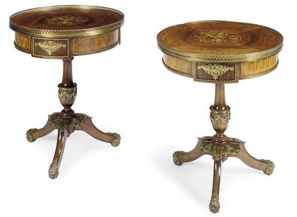 A PAIR OF GILT-METAL MOUNTED MAHOGANY, FRUITWOOD AND MARQUETRY CIRCULAR SIDE TABLES,