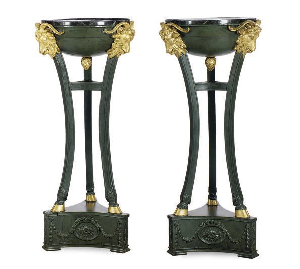 A PAIR OF GEORGE III GREEN AND FAUX-MARBLE PAINTED AND GILT-DECORATED PEDESTALS,