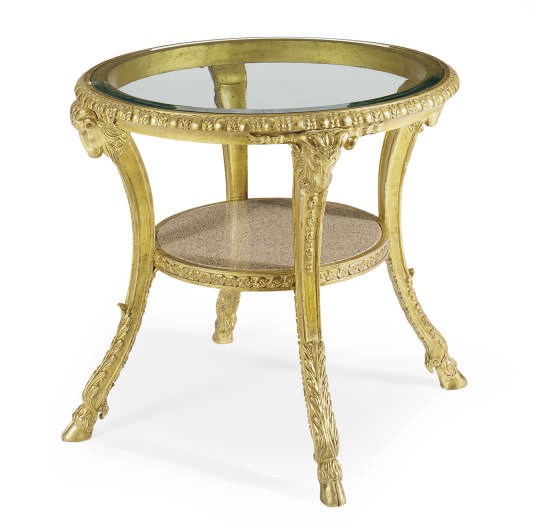 A GILTWOOD AND GLASS TOP GUERIDON,