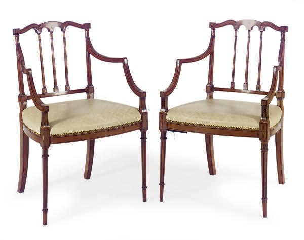 A SET OF FOUR INLAID SATINWOOD OPEN ARMCHAIRS,