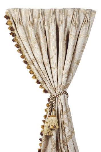 A PAIR OF GOLD SILK DAMASK CURTAINS,