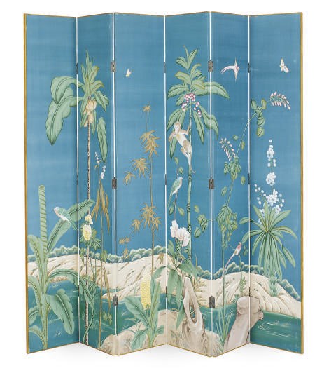 A PAINTED-SILK 'TROPICAL' PRINT SIX-PANEL SCREEN,