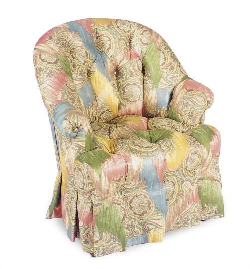 A FRUITWOOD AND BUTTON-TUFFTED UPHOLSTERED CLUB CHAIR,
