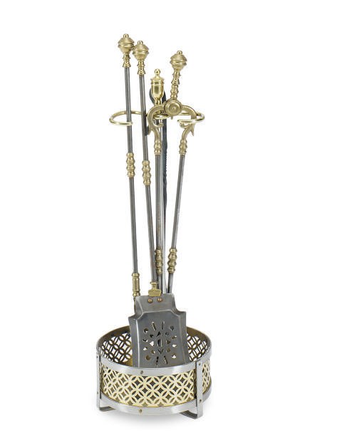 A SET OF BRASS AND STEEL FIREPLACE TOOLS,