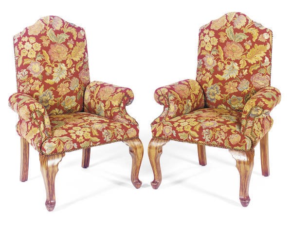 A PAIR OF STAINED-WOOD AND NEEDLEPOINT UPHOLSTERED ARMCHAIRS,