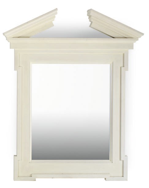 A WHITE-PAINTED PEDIMENT-FORM MIRROR,