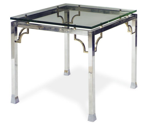 A CHROMED-METAL, BRASS AND GLASS BREAKFAST TABLE,