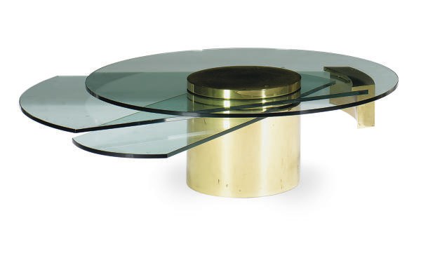 A BRASS AND THREE-TIER GLASS COFFEE TABLE,