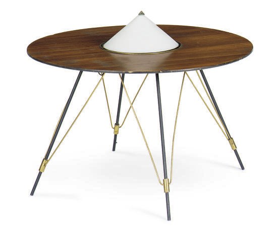 A BRASS MOUNTED MAHOGANY, ENAMELED METAL AND FROSTED GLASS COFFEE TABLE,