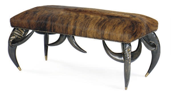 A FAUX HORN AND PONY-SKIN BENCH,