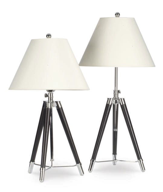 A PAIR OF EBONIZED AND CHROME METAL ADJUSTABLE TABLE LAMPS,