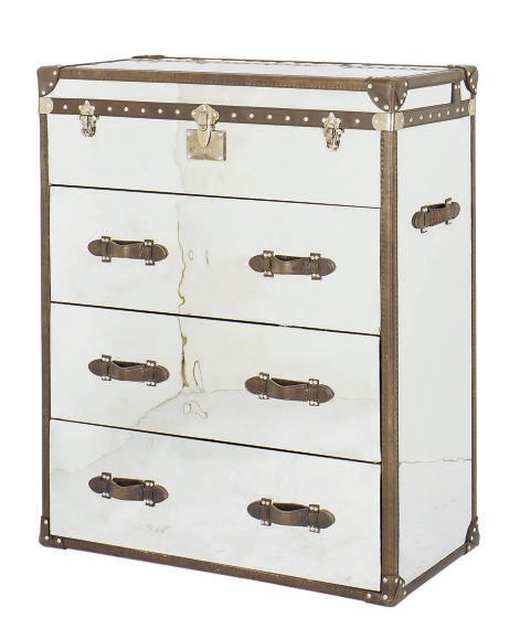 A LEATHER-BOUND CHROME METAL TALL CHEST OF DRAWERS,