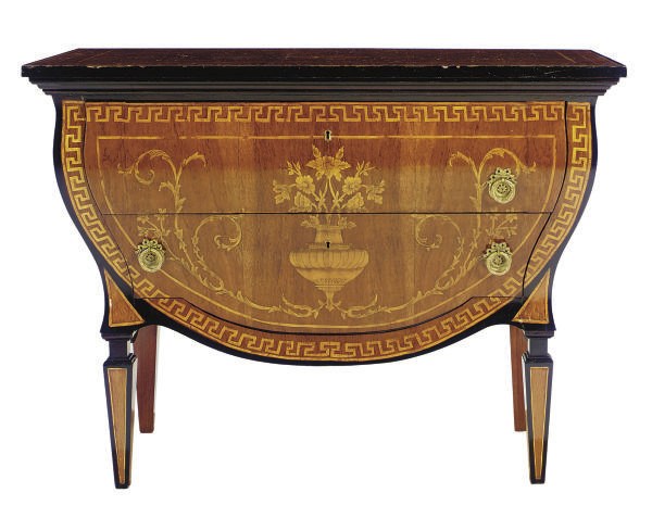 A WALNUT, MARQUETRY, AND PART-EBONIZED COMMODE,