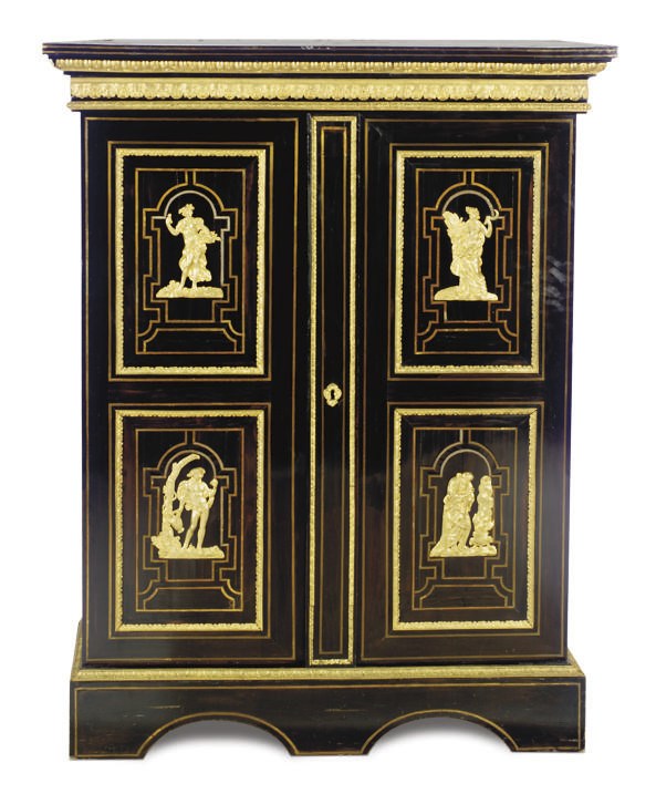 A FRENCH ORMOLU-MOUNTED, BRASS INLAID AND EBONIZED CABINET,
