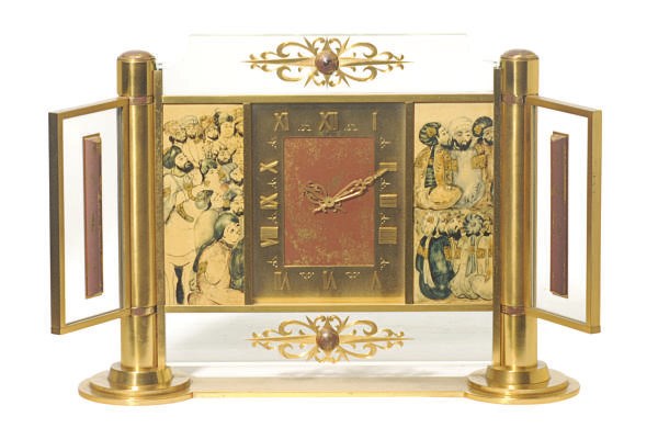 A FRENCH BRASS AND GLASS CHINOSERIE DECORATED CLOCK,