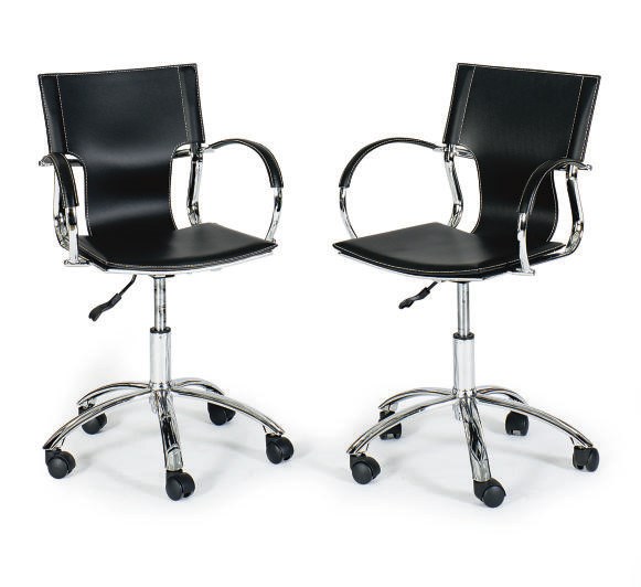 A PAIR OF CHROMED-METAL AND BLACK LEATHER SWIVEL ARMCHAIRS,