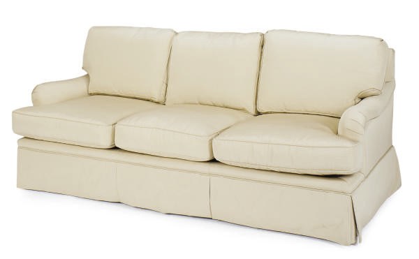 A BEIGE SILK FAILLE UPHOLSTERED THREE-SEAT SOFA,