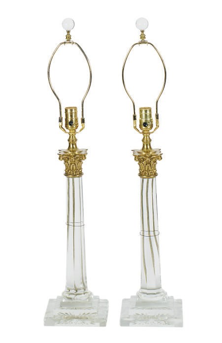 A PAIR OF GILT-METAL MOUNTED COLORLESS GLASS COLUMNAR-FORM TABLE LAMPS,