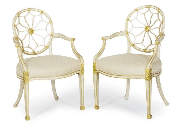 A PAIR OF CREAM-PAINTED AND PARCEL-GILT OPEN ARMCHAIRS,